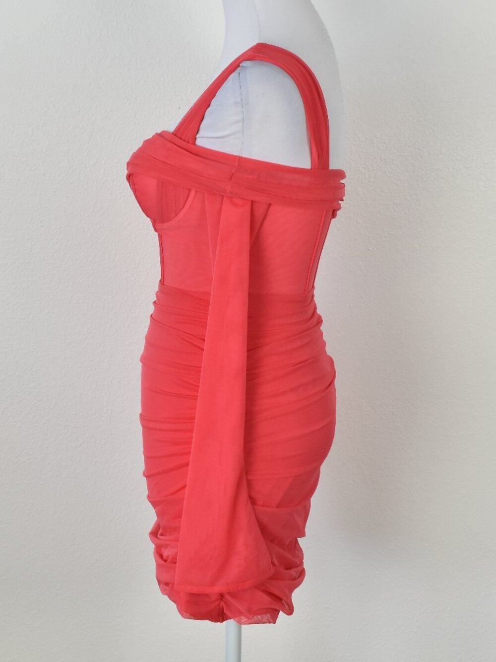 Oh Polly One For You Mesh Asymmetric Off Shoulder Mini Dress Pink - 2 - Picture 6 of 10